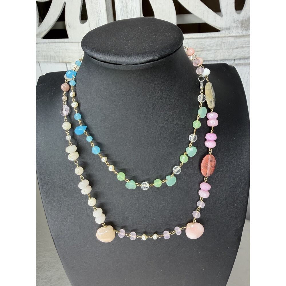 Multicolor Beaded Necklace Round Pendant Pastel Multi Strand Statement